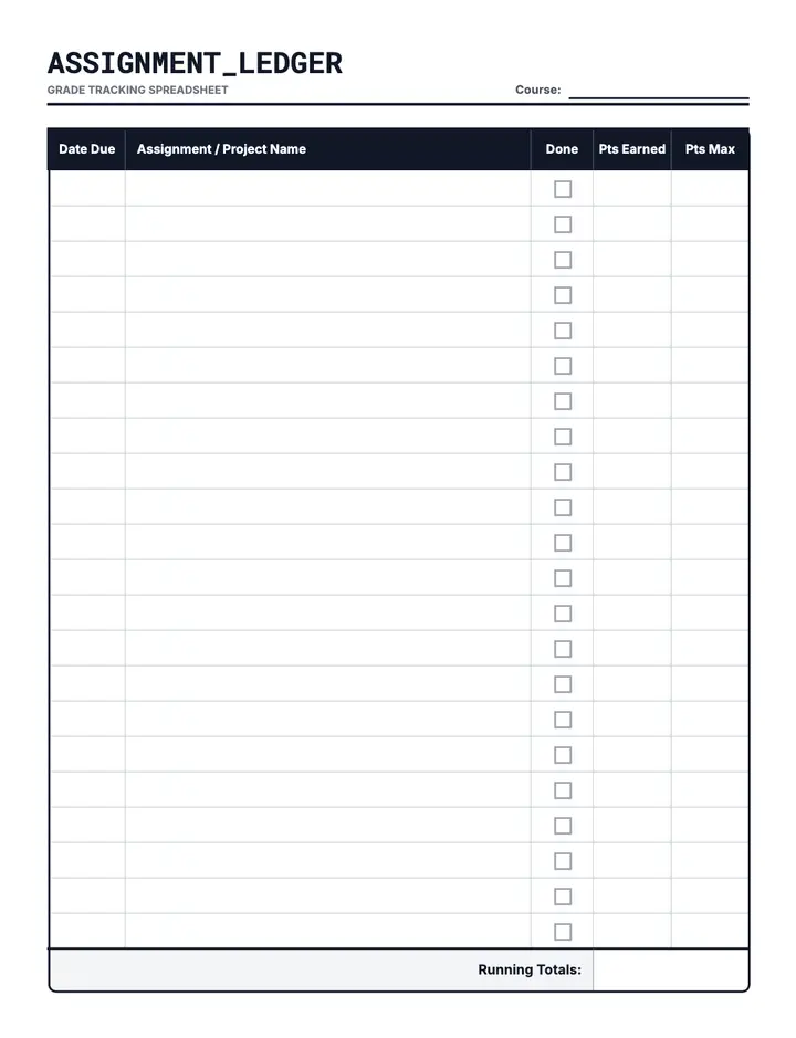 Class Assignment Grade Ledger printable template — School