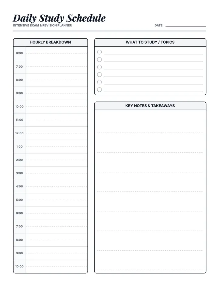 Hour-by-Hour Study Schedule printable template — School