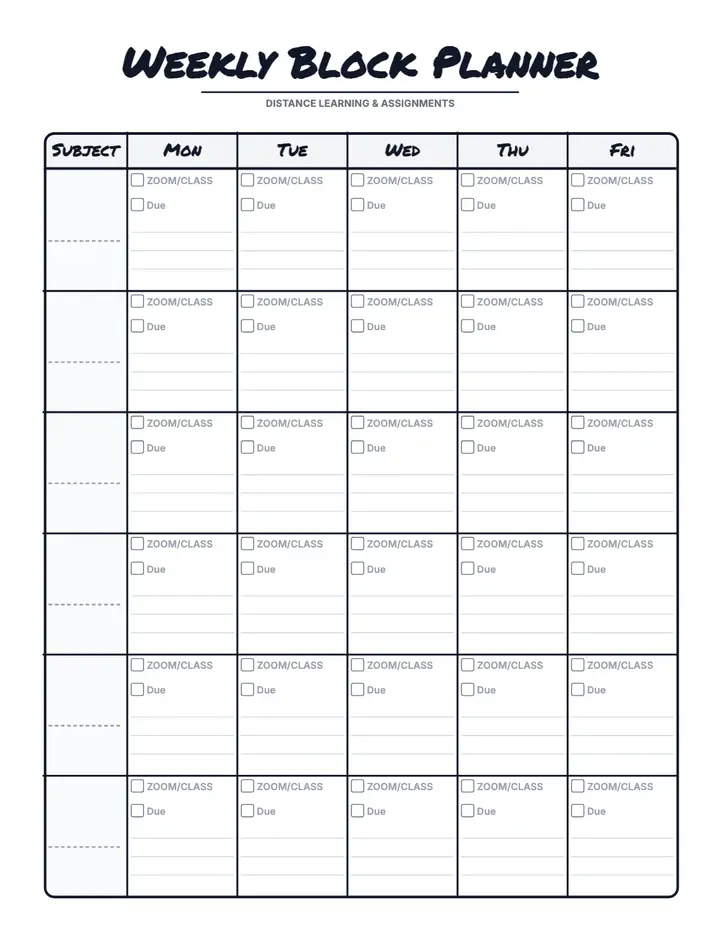 Distance Learning Weekly Block printable template — School
