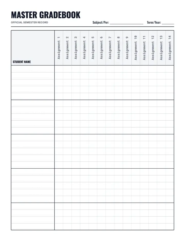 Master Gradebook Spread printable template — School