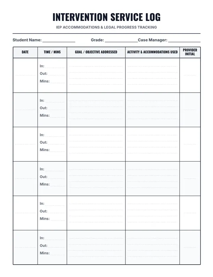 IEP Intervention Log printable template — School