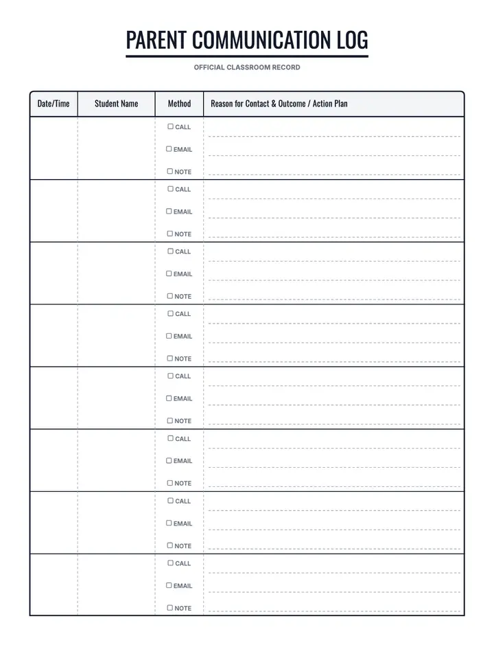 Parent-Teacher Comm. Log printable template — School