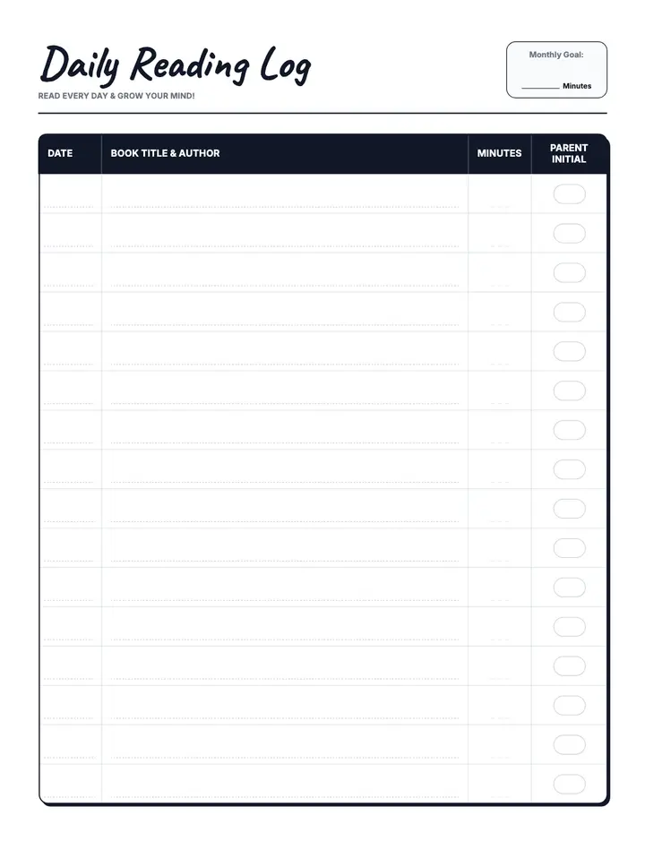 Daily Reading Log printable template — School