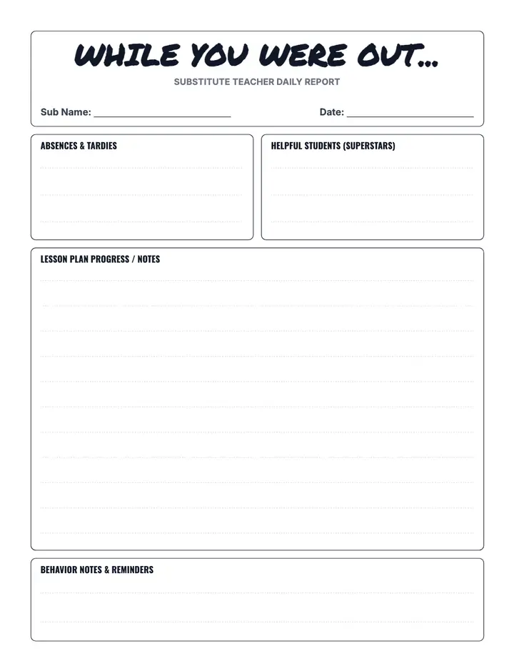 Substitute Teacher Report printable template — School