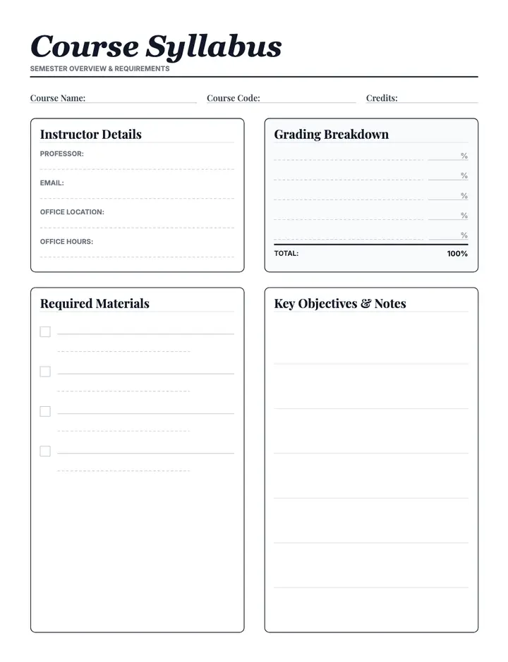 University Syllabus Map printable template — School