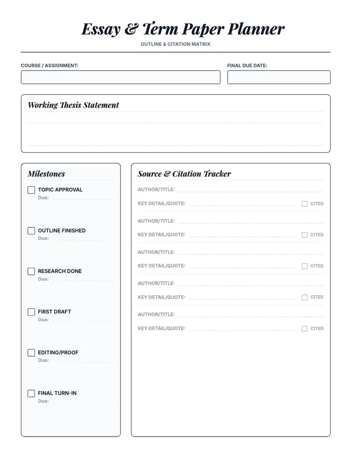 Term Paper & Essay Planner printable template — School