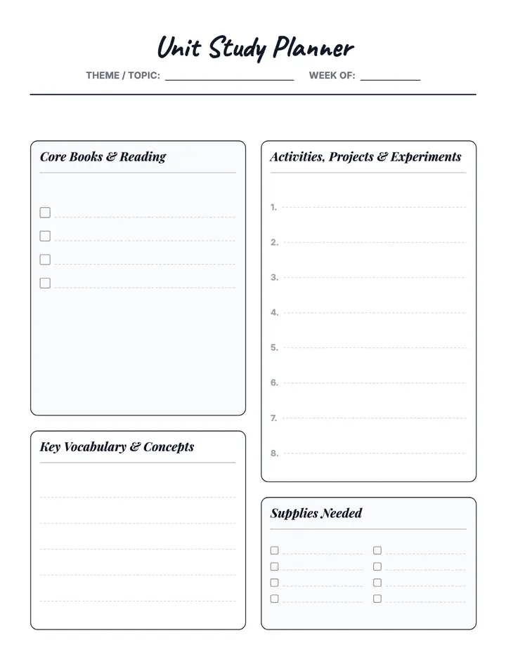 Homeschool Unit Study printable template — School