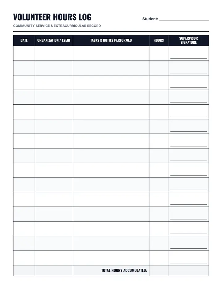 Volunteer Hours Tracker printable template — School