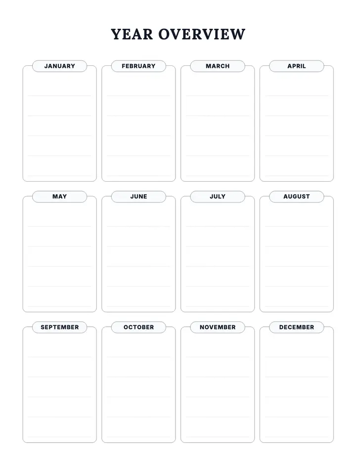 Year Overview (Undated) printable template — Goals