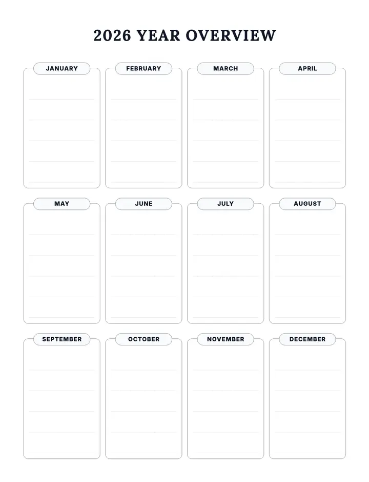 Year Overview (Dated) printable template — Goals