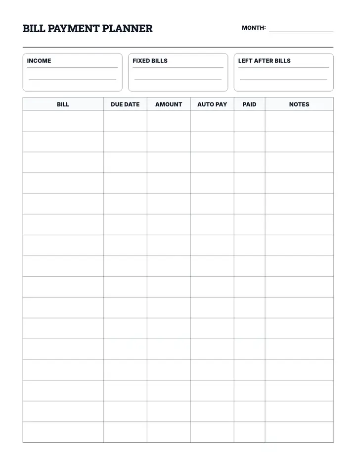 Bill Payment Planner printable template — Finance