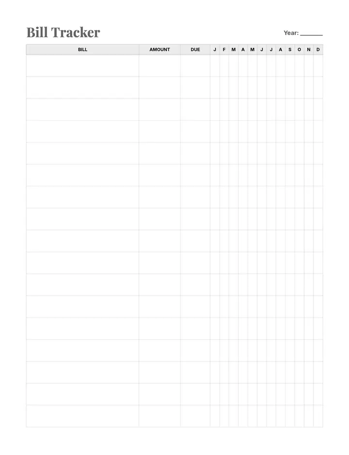 Annual Bill Pay printable template — Finance