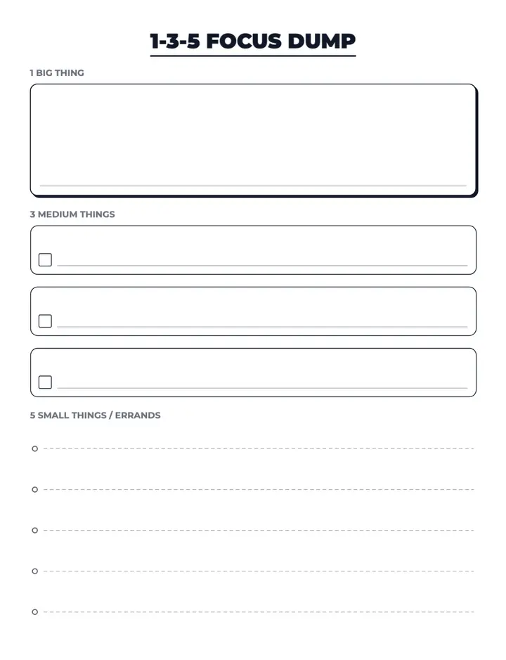1-3-5 Focus Dump printable template — Productivity