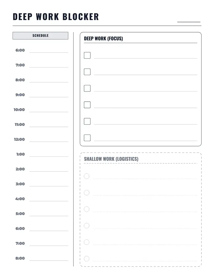 Deep Work Blocker printable template — Productivity