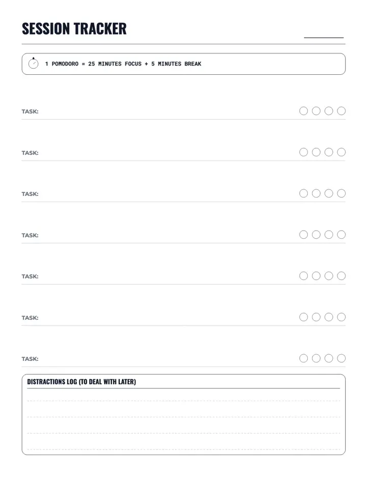 Pomodoro Session Tracker printable template — Productivity