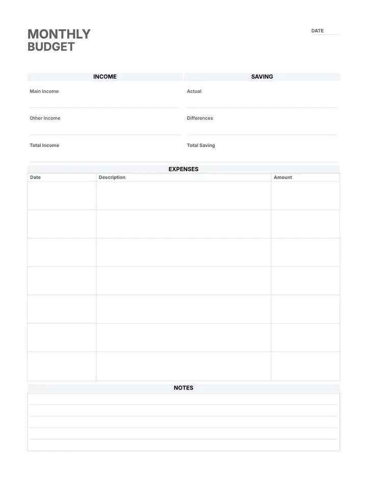 Monthly Budget printable template — Finance