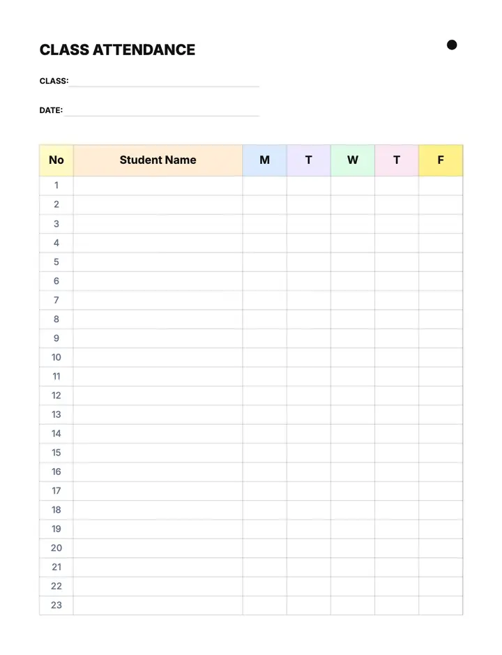 Class Attendance Sheet printable template — School