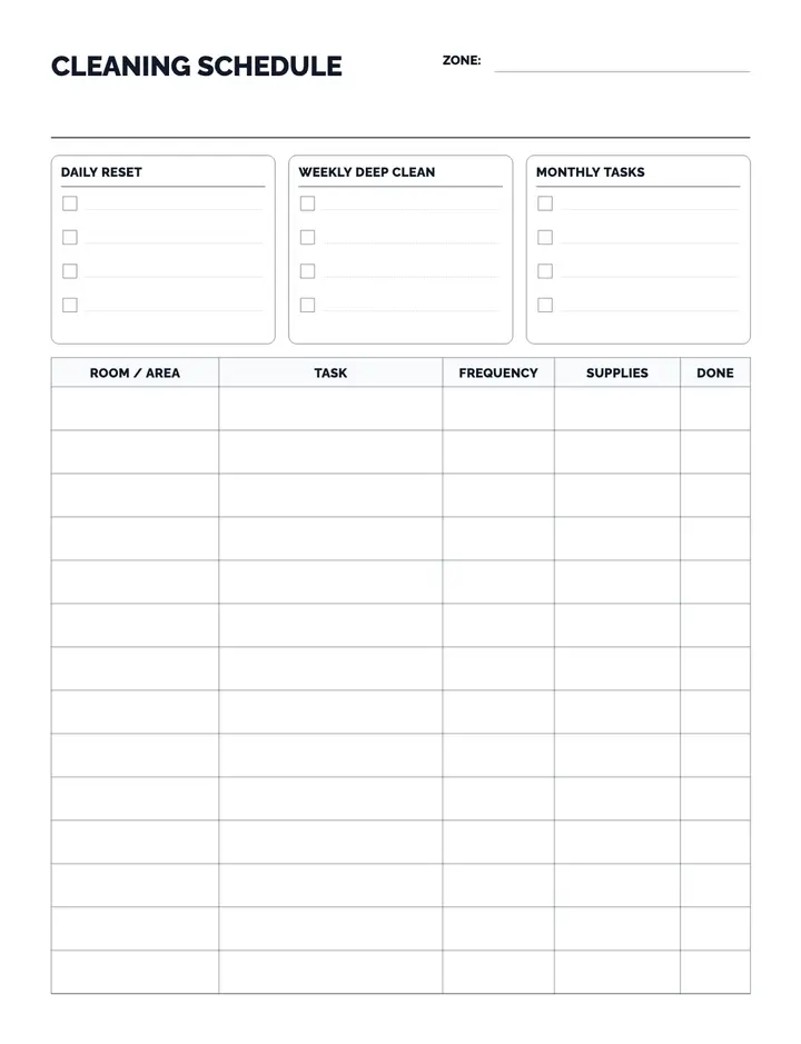Cleaning Schedule printable template — Home