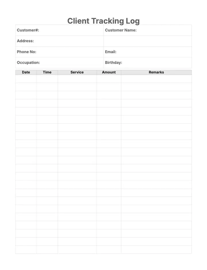 Client Tracking Log printable template — Business
