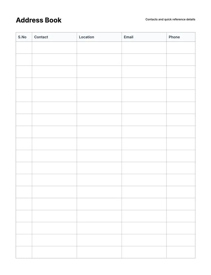 Contacts Pages printable template — Home