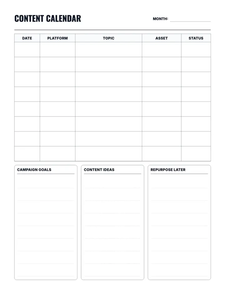Content Calendar Planner printable template — Business