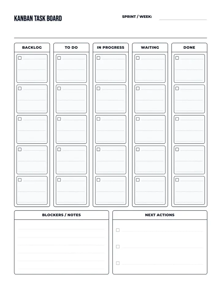 Kanban Task Board printable template — Planner