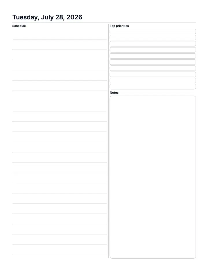 Daily Planner (Dated) printable template — Planner