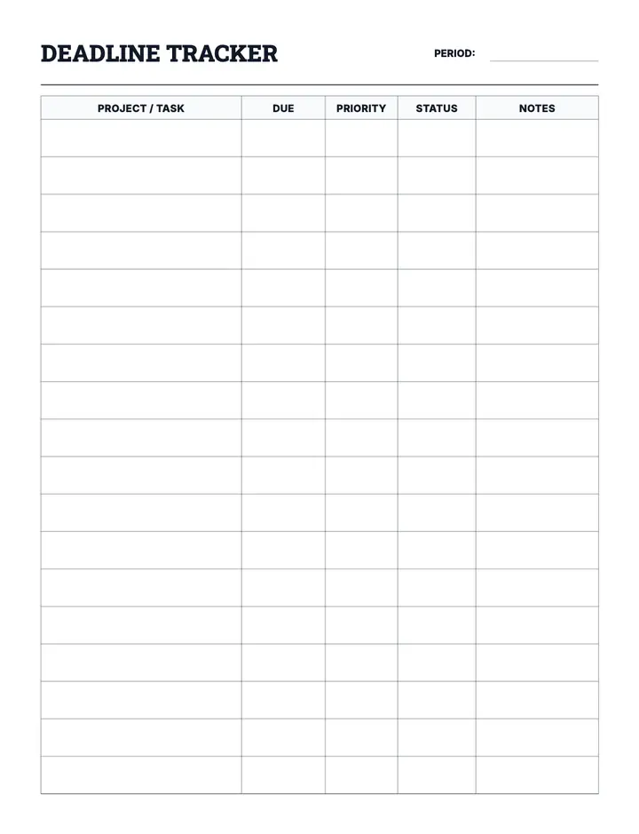Deadline Tracker printable template — Planner