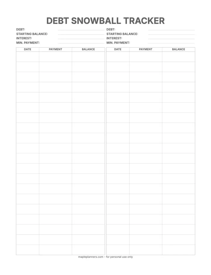 Debt Snowball printable template — Finance