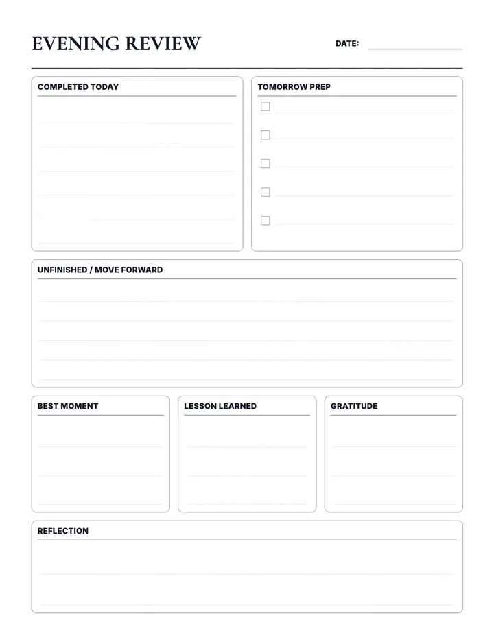 Evening Review Planner printable template — Planner