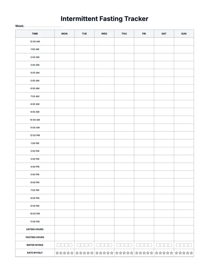 Intermittent Fasting Tracker — Classic Weekly Grid printable template — Health