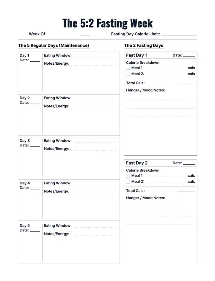 Intermittent Fasting Tracker — 5:2 Weekly Planner printable template — Health