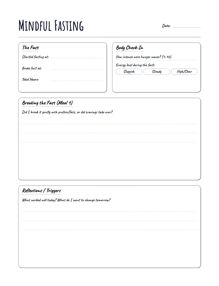 Intermittent Fasting Tracker — Mindful Fasting Check-In printable template — Health