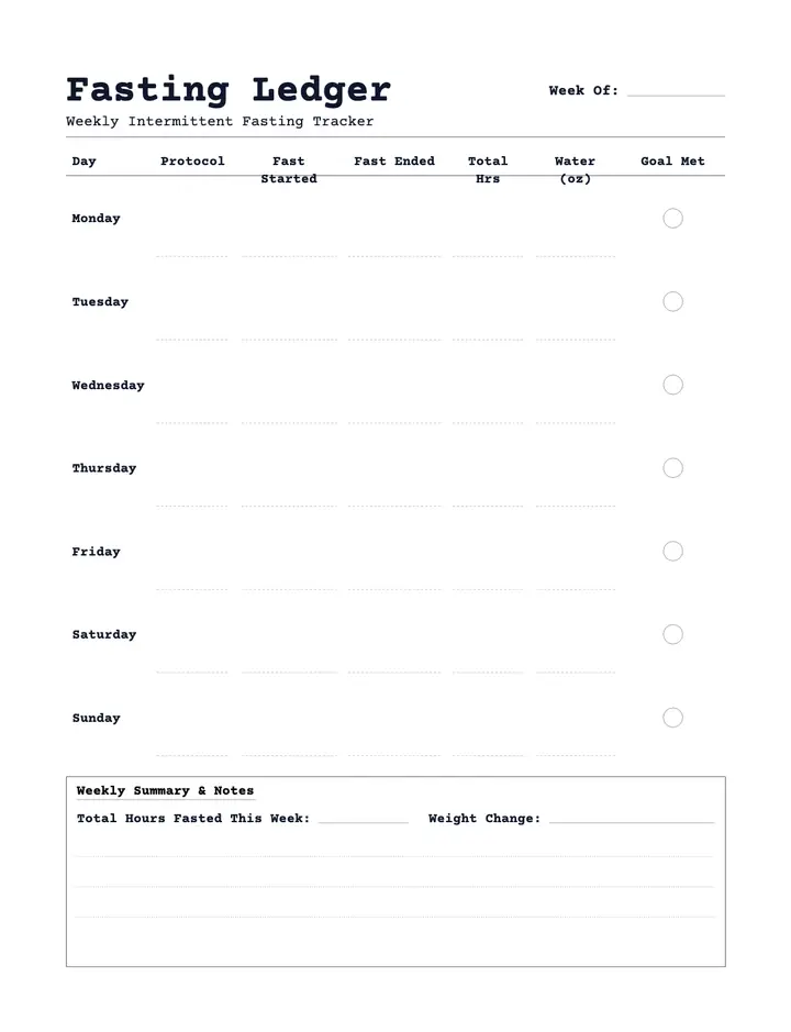 Intermittent Fasting Tracker — Weekly Fasting Ledger printable template — Health