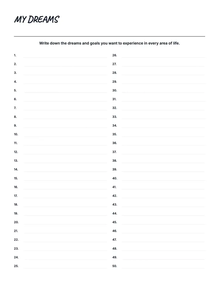 50 Dreams & Goals printable template — Goals