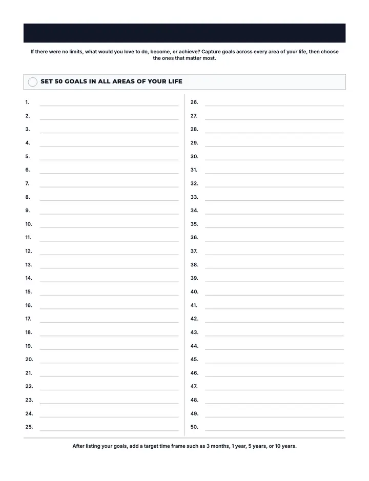 Goal Setting - 50 Goals printable template — Goals