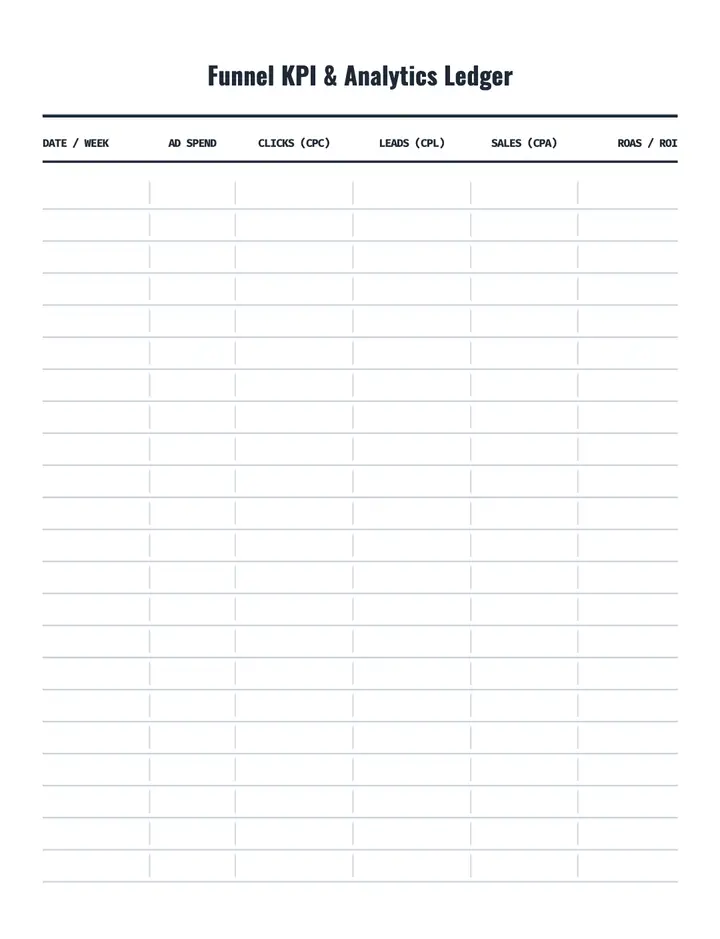 Funnel KPI & Analytics Ledger printable template — Funnels