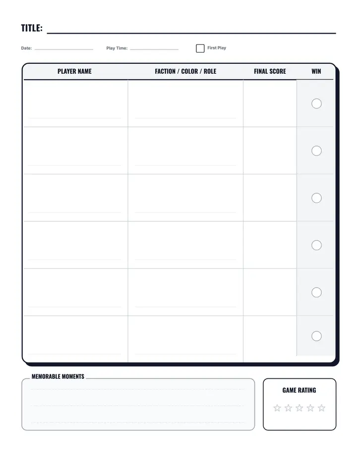 Board Game Log printable template — Games