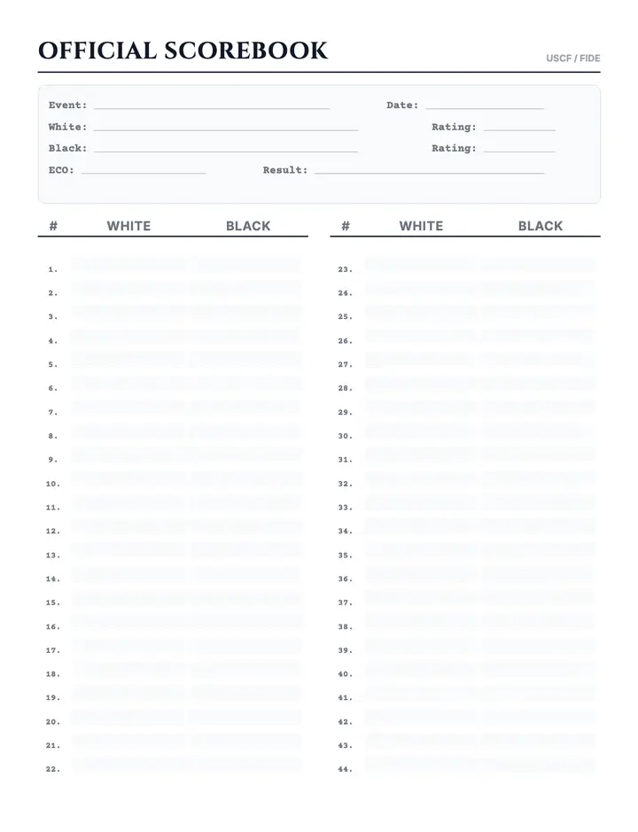 USCF Chess Scorebook printable template — Games