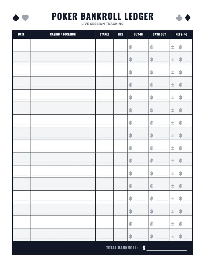 Poker Bankroll Ledger printable template — Games