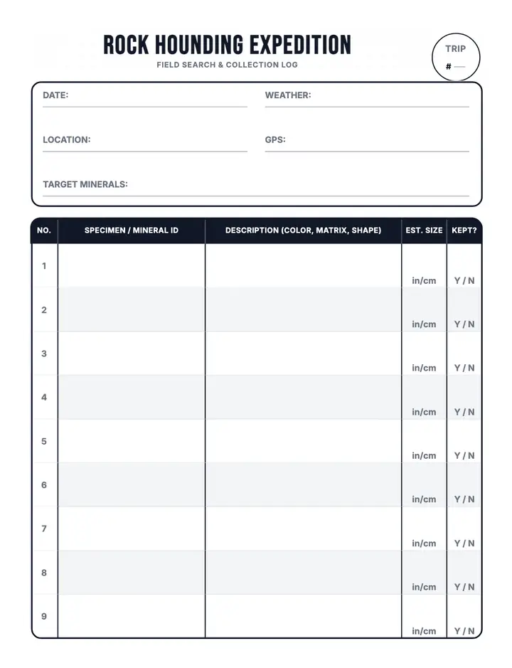 Rock Hounding Trip Log printable template — Games
