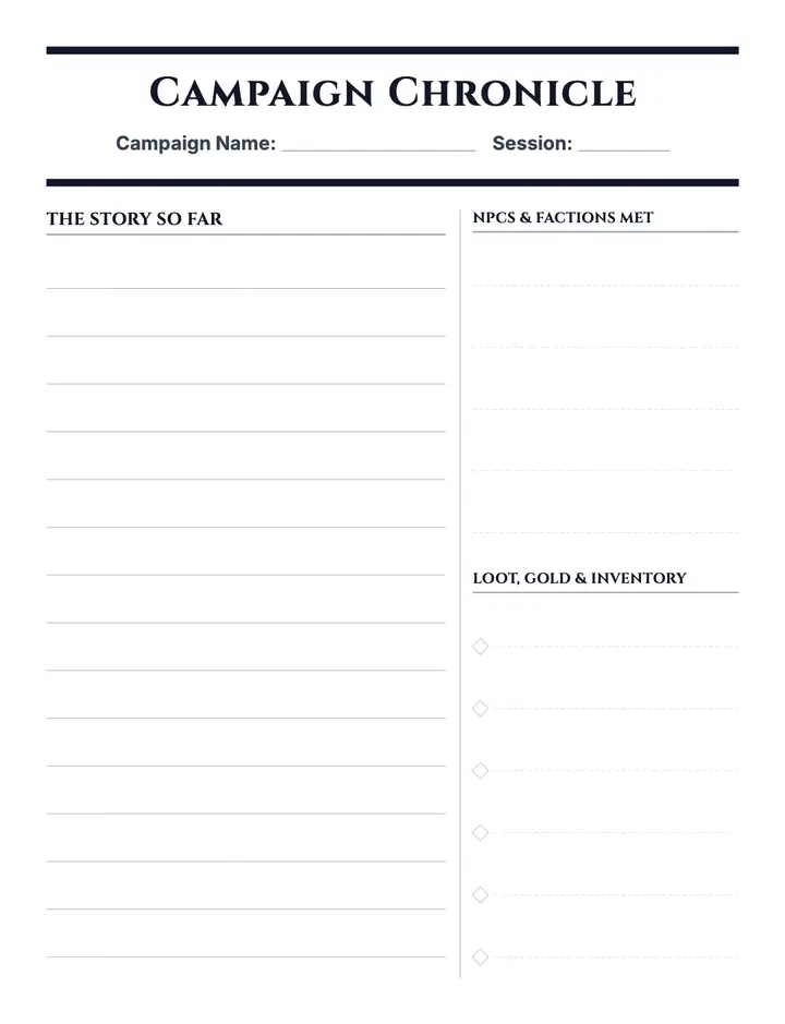 RPG Campaign Chronicle printable template — Games