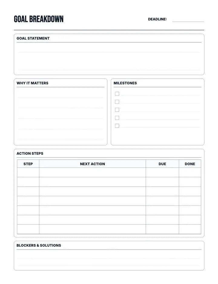 Goal Breakdown Planner printable template — Goals