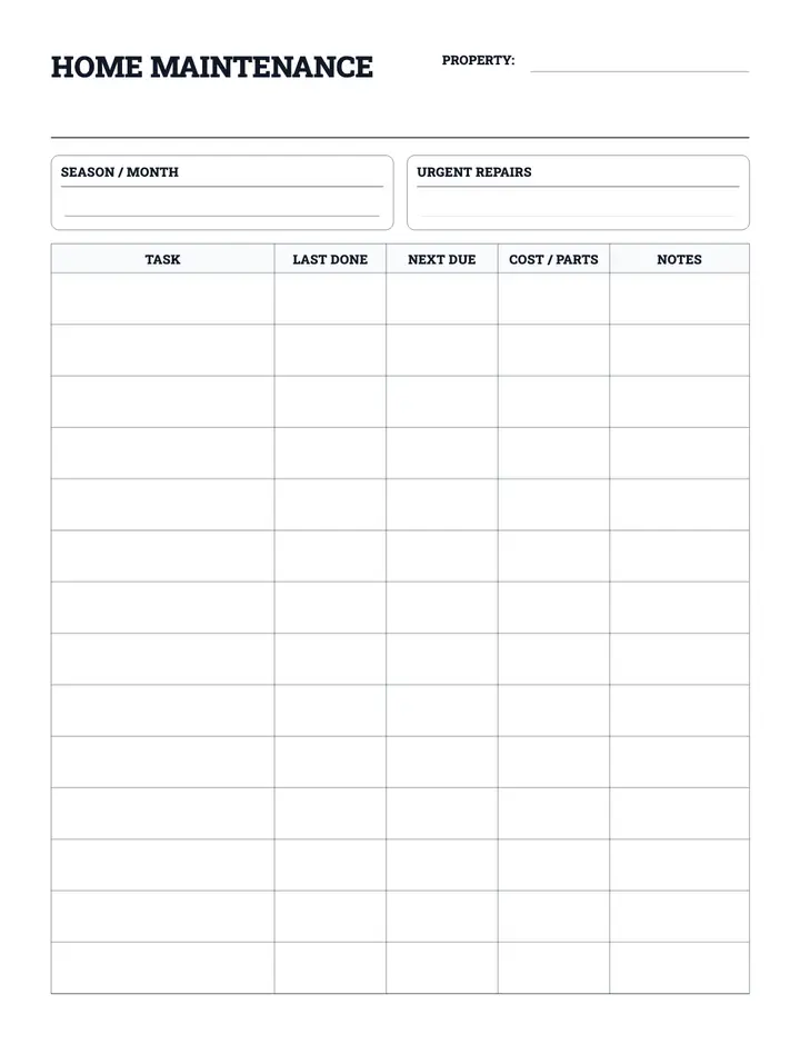 Home Maintenance Planner printable template — Home