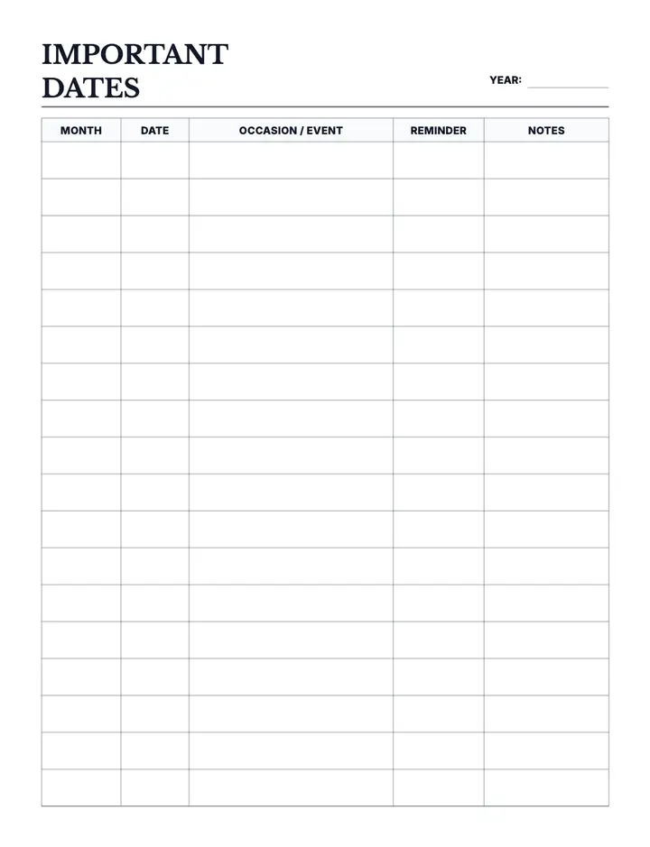 Important Dates Planner printable template — Planner