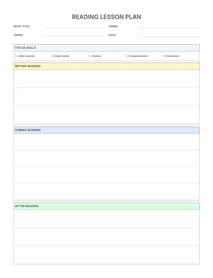 Lesson Plan (Reading) printable template — School