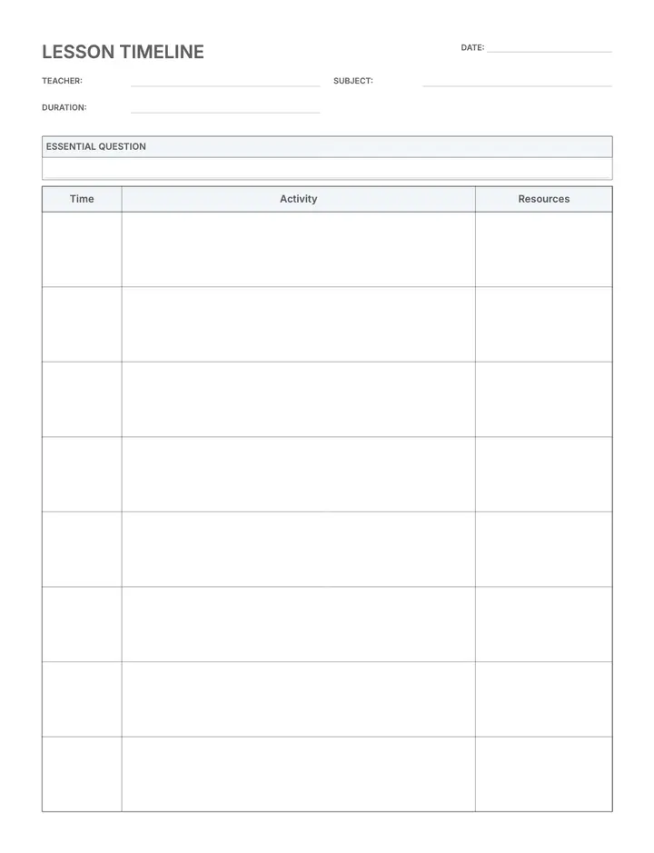 Lesson Plan (Timeline) printable template — School