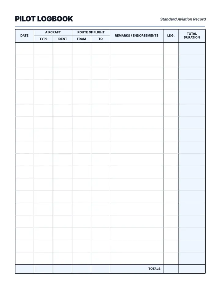 Pilot Log printable template — Logbooks