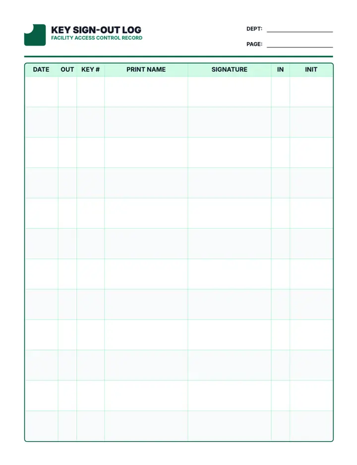 Keys Security Log printable template — Logbooks