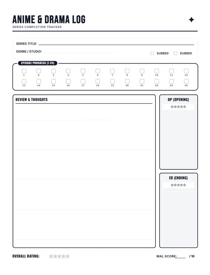 Anime & K-Drama Log printable template — Media & Books